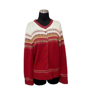 Vtg Tiara Red Fair Isle Button Up Cardigan Sweater Large Cottage Holiday E1